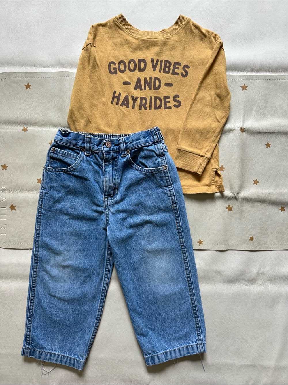 3t Mustard 'Good Vibes and Hayrides' Long-Sleeve Top & Vintage Blue Jeans